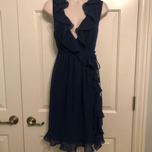 Navy ruffle faux-wrap Max Studio dress.